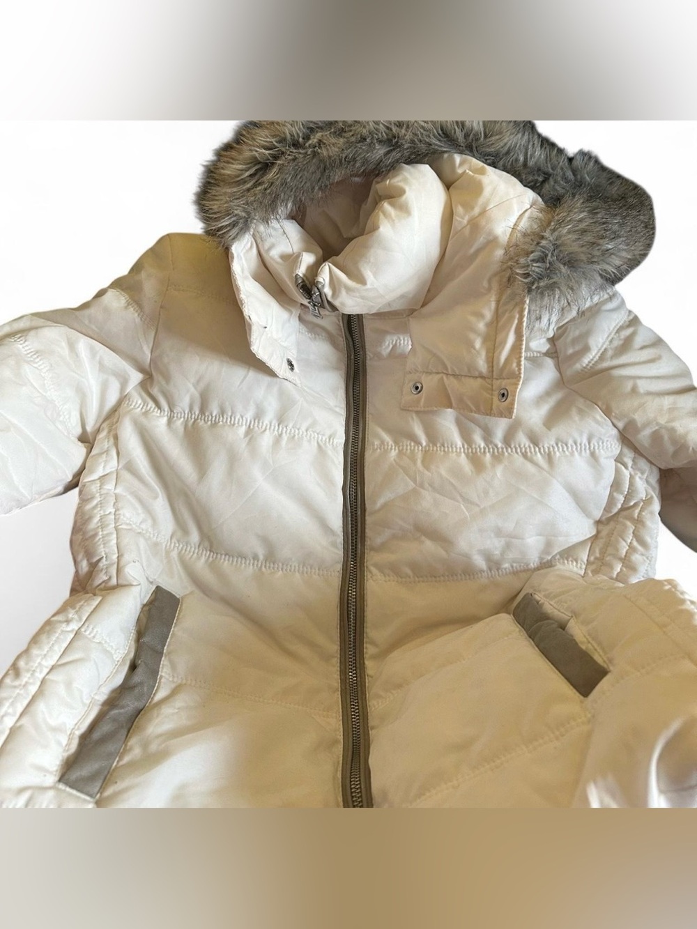 Old Navy Cream Puffer Jacket with Faux Fur Hood